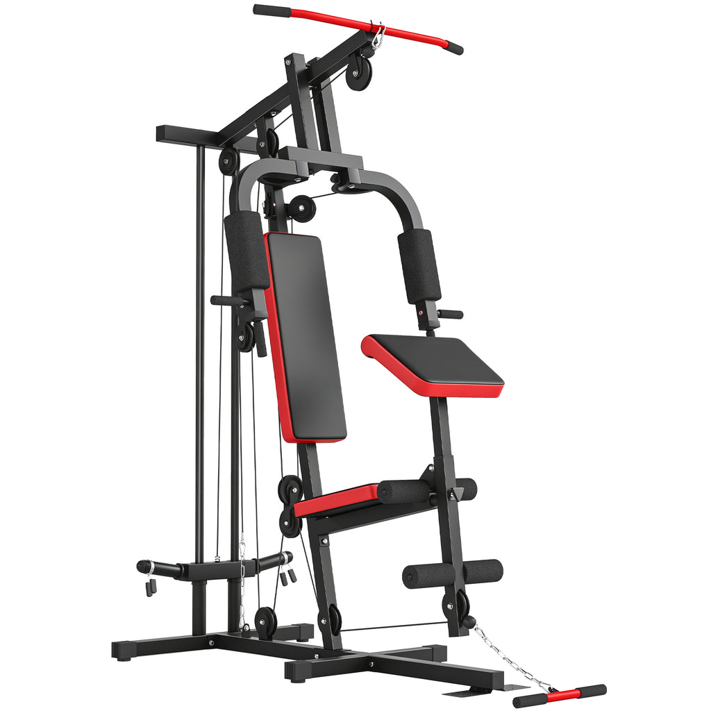 Kraftstation Fitnessstation mit Latzug, Butterflystange, verstellbar Preacher Bank, Beintrainer, bis 120kg Schwarz+Rot