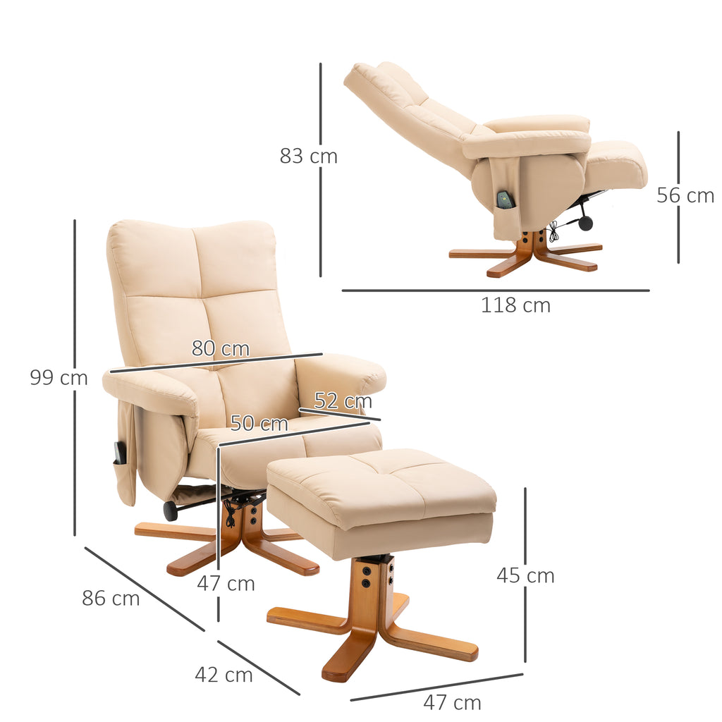 Relaxsessel mit Hocker, 360°drehbarer Fernsehsessel mit Massage, Liegefunktion, Massagesessel mit Seitentasche, TV-Sessel, Kunstleder für Wohnzimmer Cremeweiß