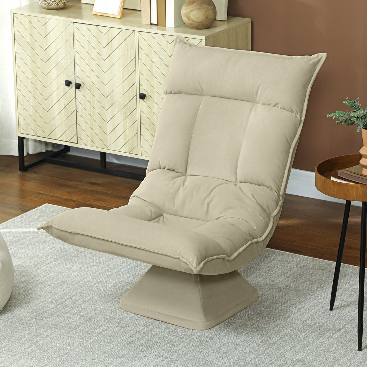 Bodensessel mit 5-fach verstellbarer R¨¹ckenlehne, drehbar, moderner Polsterstuhl, Beige