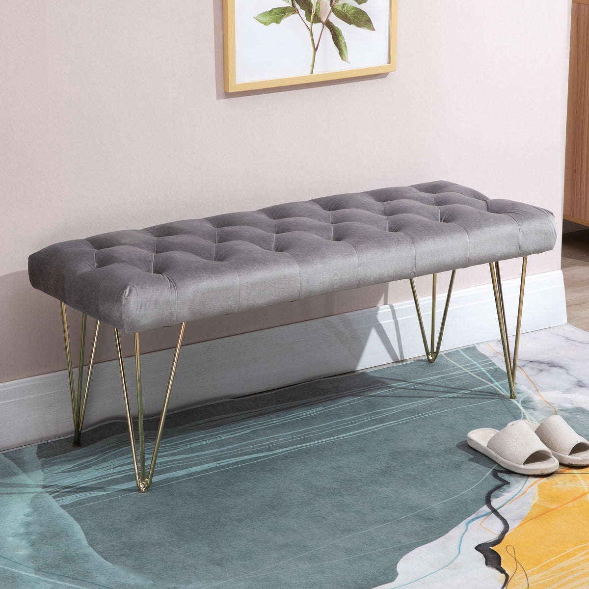 Sitzbank Polsterbank Pianobank Schuhbank mit Samtoptik Bettbank Klavierbank für Schlafzimmer, Wohnzimmer, Flur, Metall Grau 116 x 44,5 x 49 cm