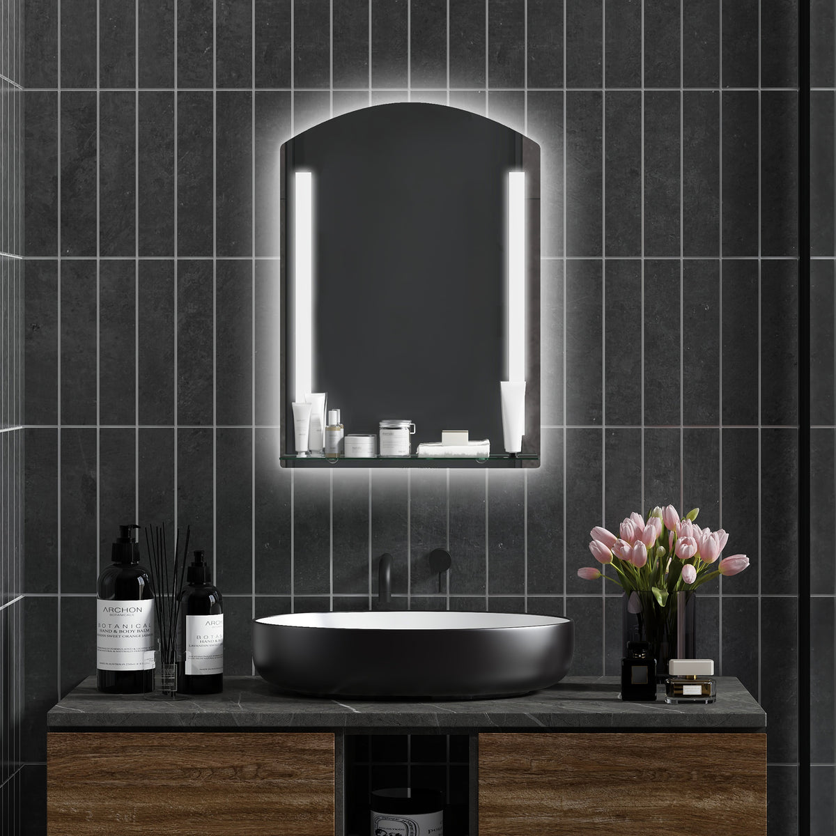 Badezimmerspiegel mit LED-Beleuchtung, elegant und hochwertig, Glas, Aluminium, Kunststoff, 50L x 12B x 70H cm