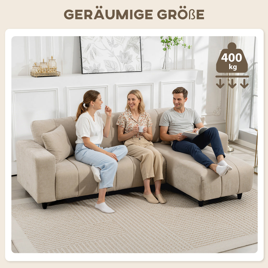 Ecksofa, Chaiselongue Umkehrbar, Kissen, 242 x 156 x 87 cm, Beige