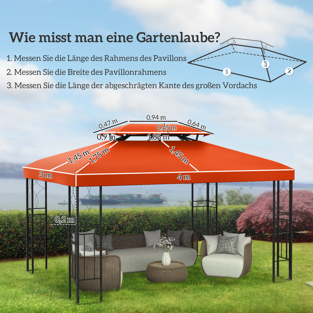3x4m Gazebo Replacement Roof Canopy 2 Tier Top UV Cover Garden Patio Outdoor Sun Awning Shelters Rusty Red (TOP COVER ONLY)