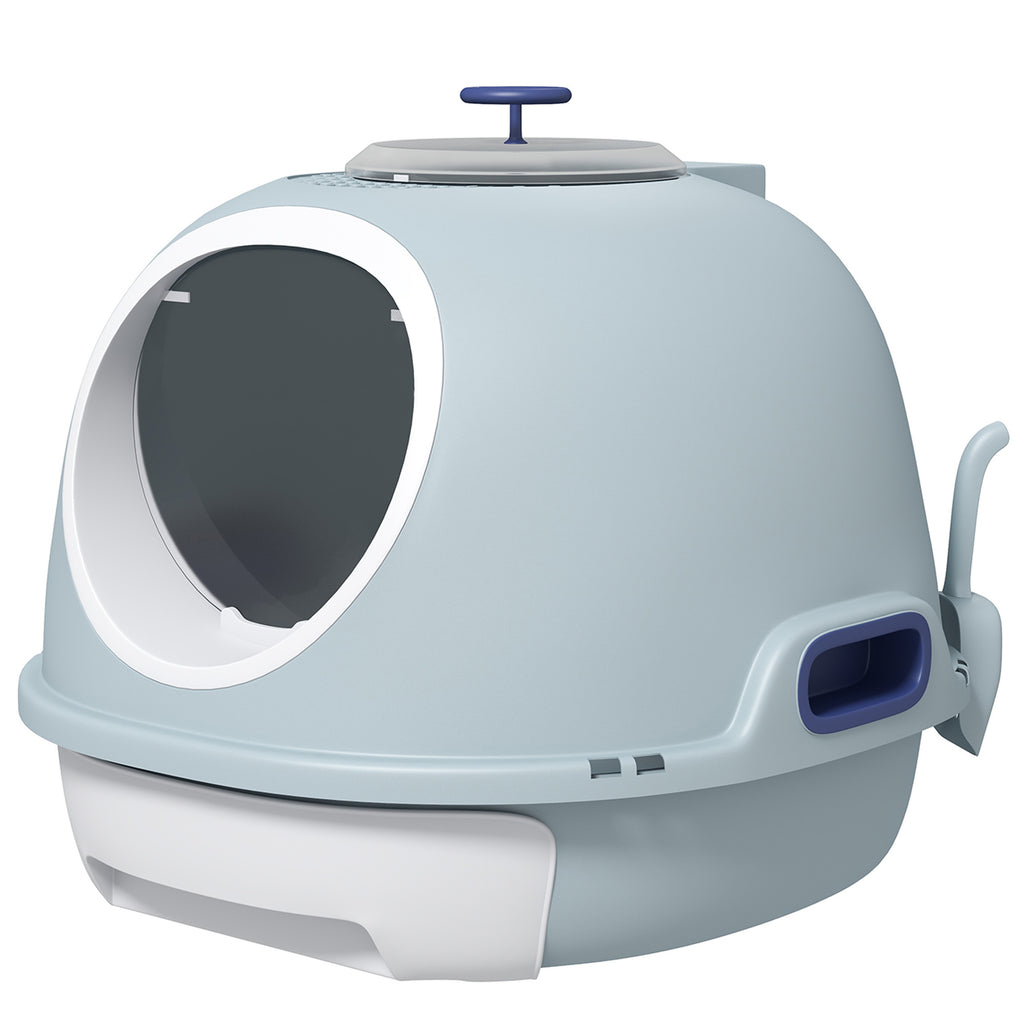 Cat Litter Box Toilet with Litter Scoop Enclosed Drawer, Front Entry Top Exit, Easy To Clean Blue