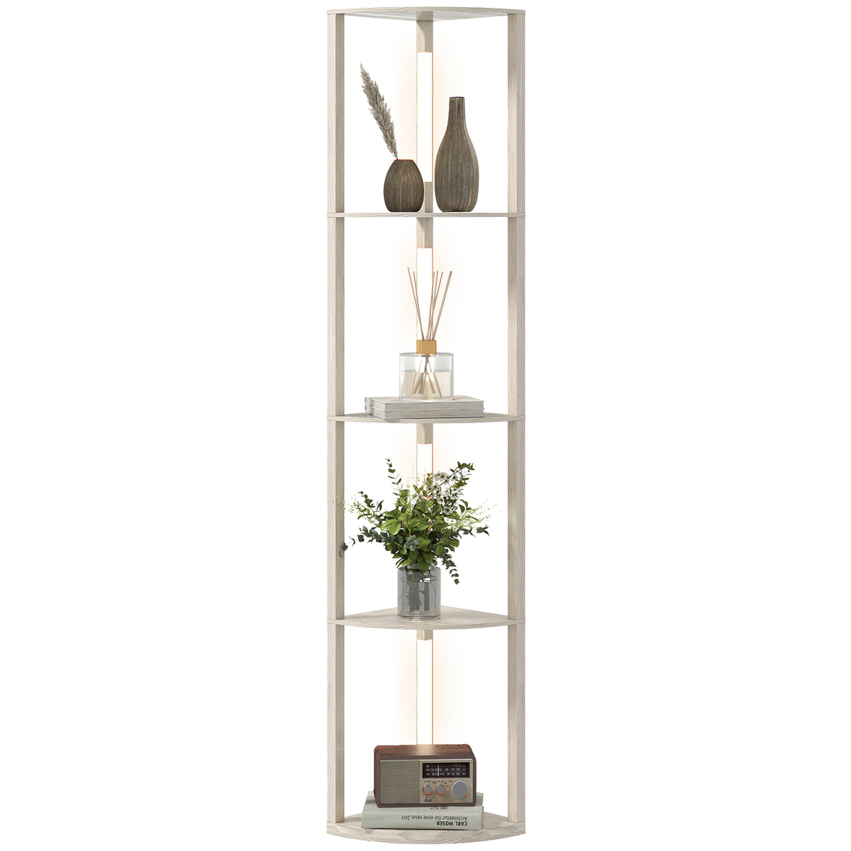 LED Standleuchte, Eckregal, dimmbar, 4 Ablagen, warmweißes Licht, 41x30x164cm, Eiche