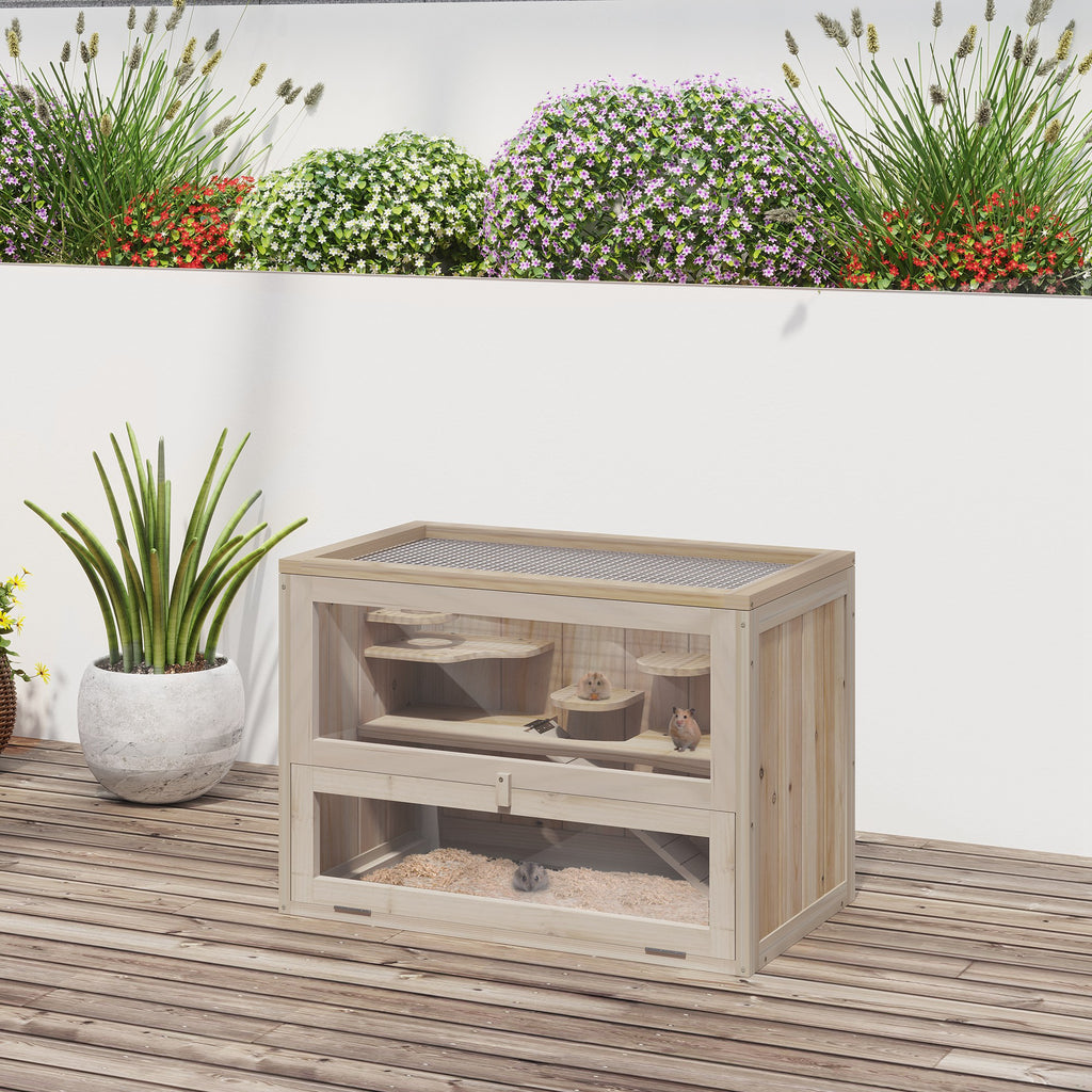 Wooden Hamster Cage Mouse Mice Rodent Small Animals Hutch Exercise Play House 60 x 35 x 42cm, Natural Wood Finish