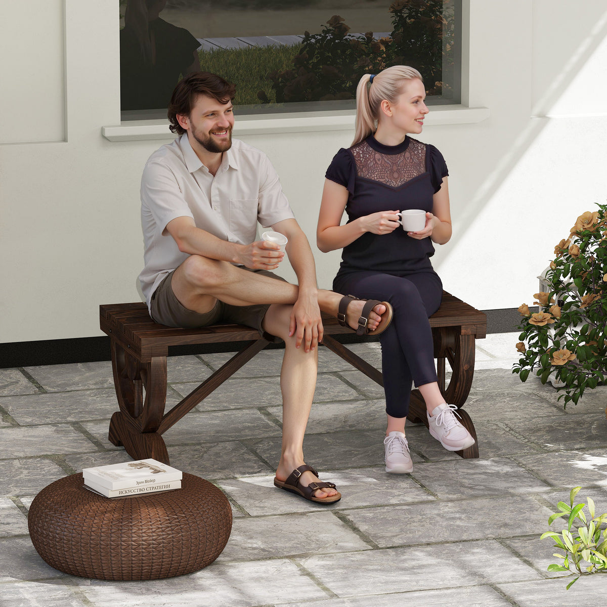 Garden Rustic Wooden Bench Wheel-Shaped Legs Slatted Seat Stable Reinforced Structure Outdoor Patio Garden 2-Person Bench Seat - Brown