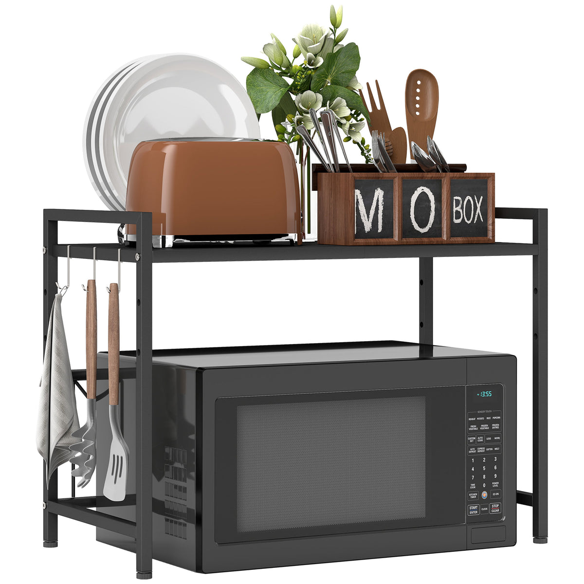 Expandable Microwave Oven Rack with 3 Hooks - Black