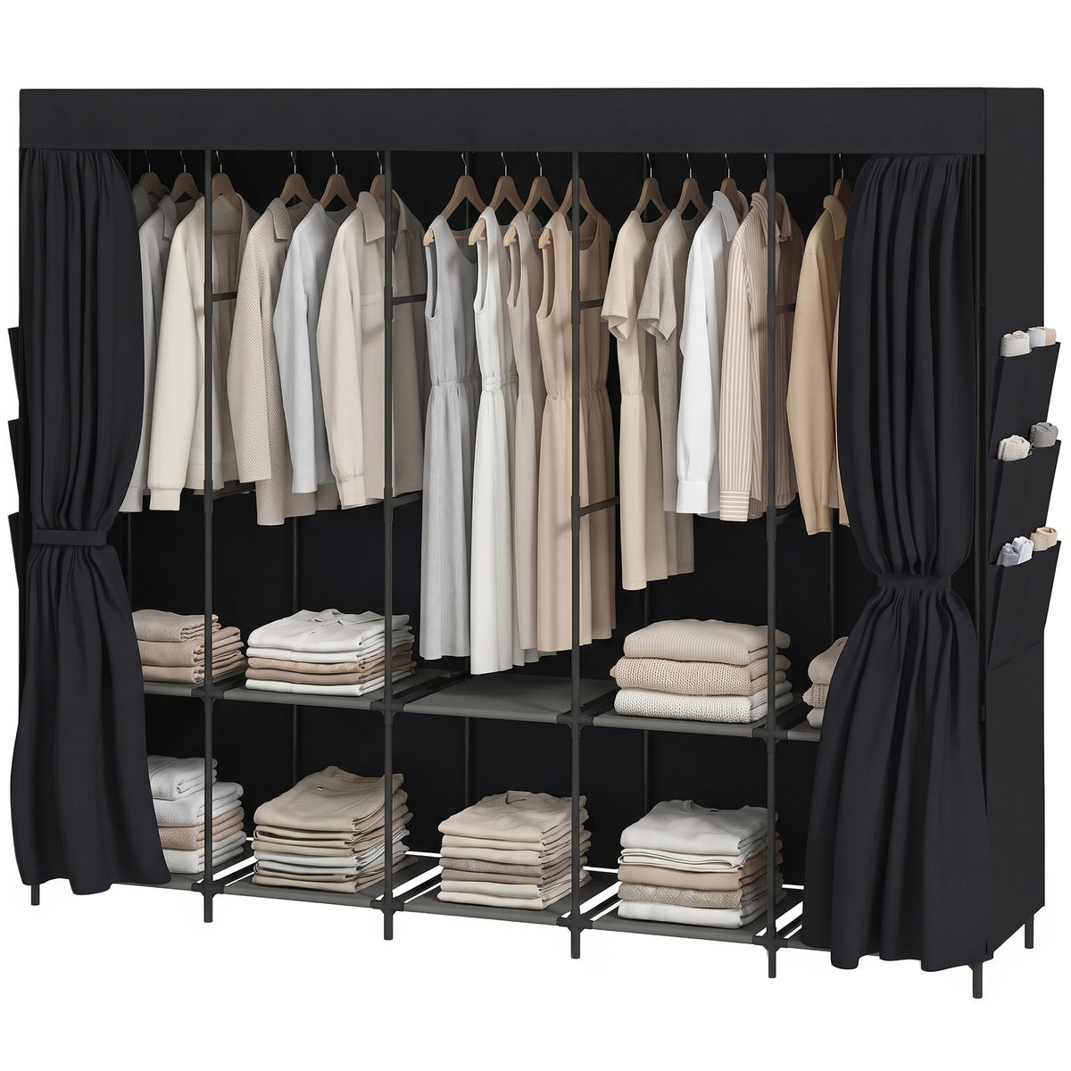 Stoff-Kleiderschrank, staubdicht, tragbar, 5 Kleiderstangen, 212 x 45 x 167 cm, Schwarz