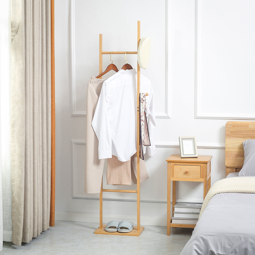 Moderner Garderobenst?nder, 2 Haken & 3 Stangen, robustes Bambus, 36x24x168 cm, Natur