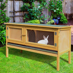 Hasenstall Kaninchenstall aus Holz mit aufklappbarem Dach, 2 Türen, auslaufsicherer Schale, 115x44,3x65 cm Hellgelb