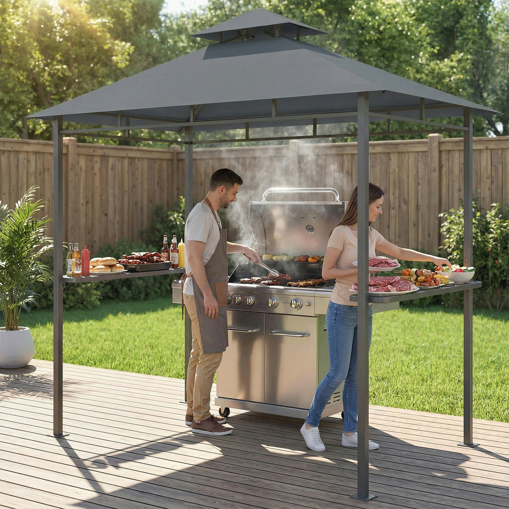 Grillpavillon 2,4 x 1,4 m, Windfest Grillüberdachung mit Doppeldach Lüftungsöffnung Seitenregalen