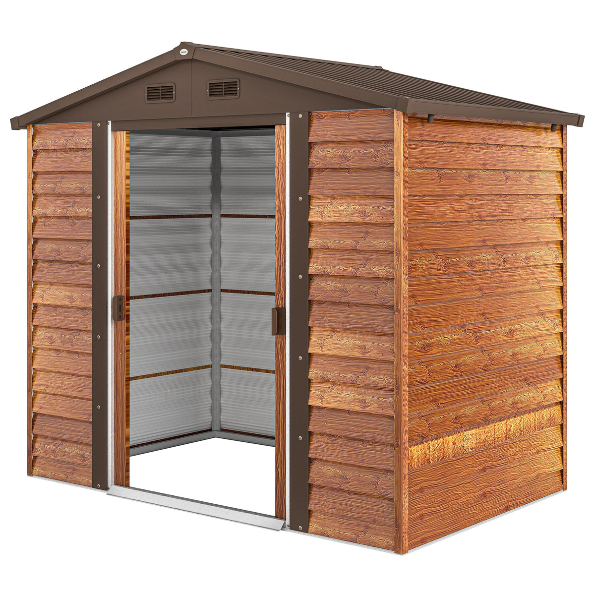Gartenschuppen, Geräteschuppen, Gartenhaus mit Fenster, wetterfest, Holzoptik, Stahl, 152 x 235,7 x 208,7 cm, Braun