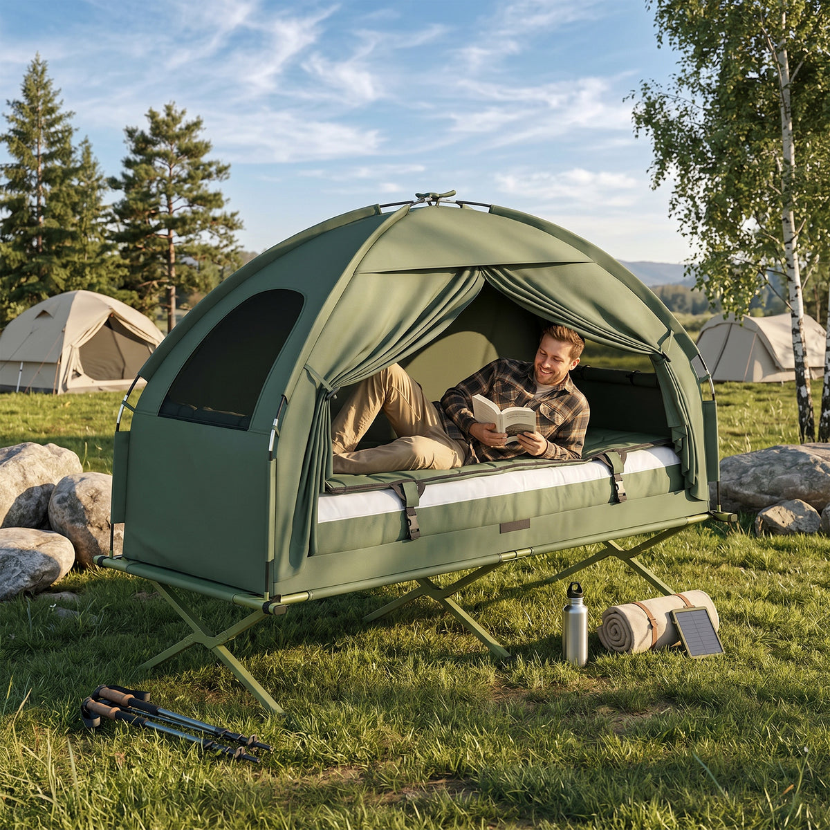 Campingzelt-Set mit Feldbett, Schlafsack und Matratze Dunkelgrün