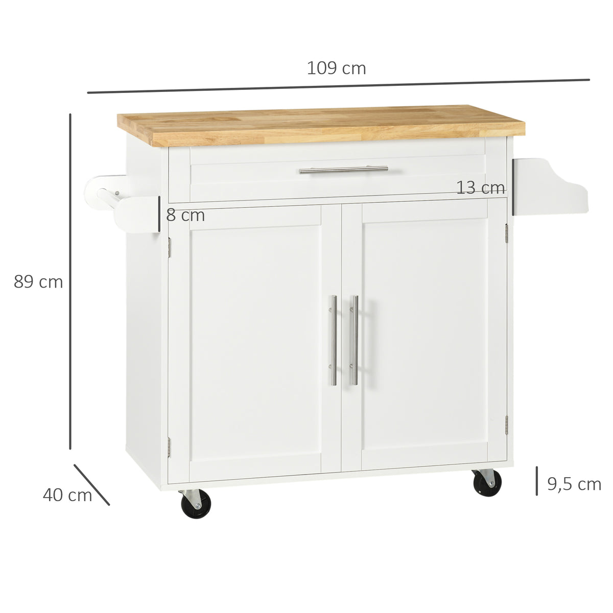 Küchenwagen Servierwagen Kücheninsel, 1 Gewürzregal, 1 Handtuchhalter, 109 cm x 40 cm x 89 cm, Weiß
