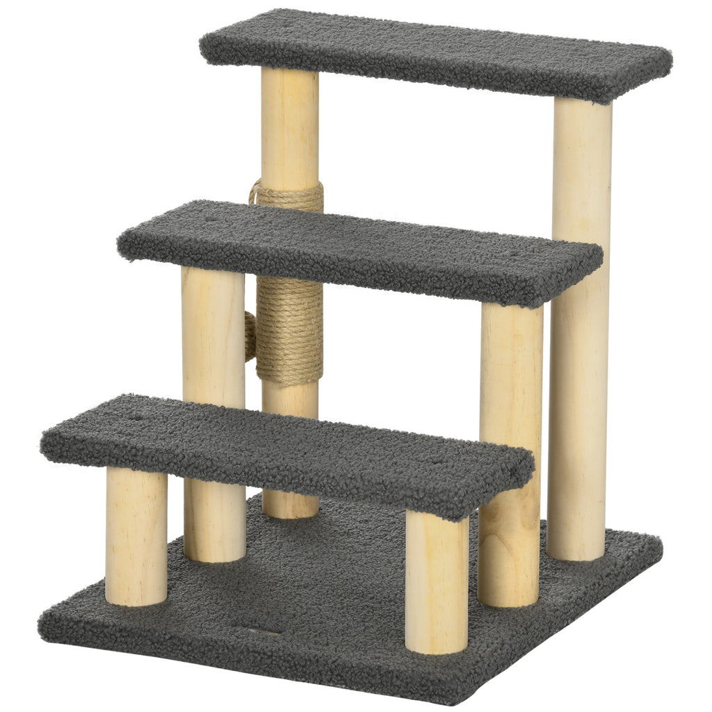 48cm Three-Step Cat Tree, with Toy Ball, Jute Scratching Post - Grey