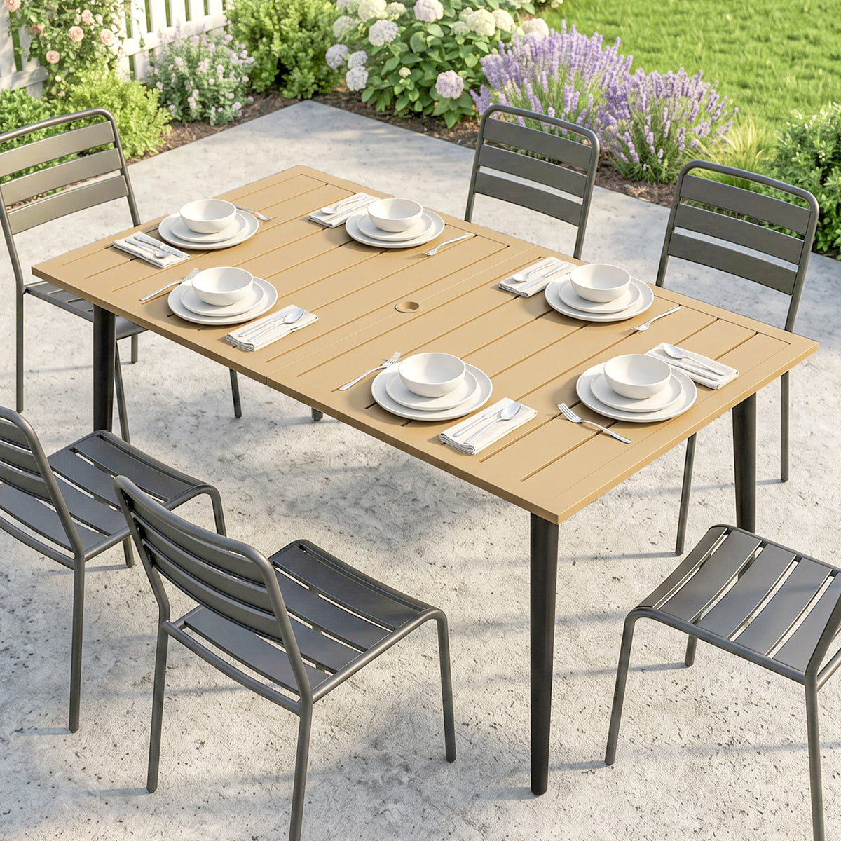 Gartentisch 150x90cm, Wetterfest Balkontisch aus Stahl, Balkontisch mit Schirmloch Braun