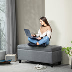 Sitzbank, Polsterbank mit Stauraum, leinenartiges?Polyester, Kautschukholz, 100 x 40 x 44 cm, Hellgrau