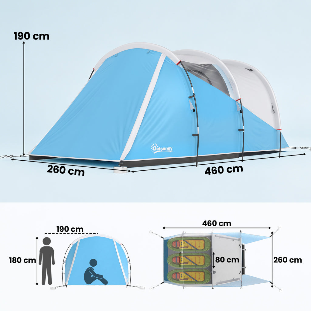 Campingzelt für 3 Personen, separate Wohn- & Schlafräume, 460L x 260B x 190H cm, Blau