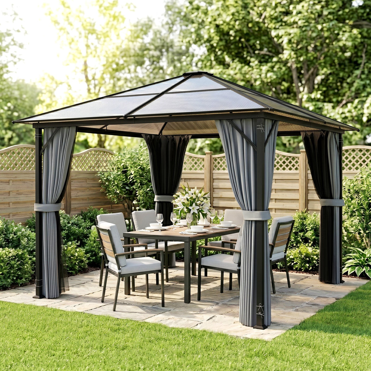 3m x 3m Hardtop Metal Frame Mesh Draped Gazebo Black