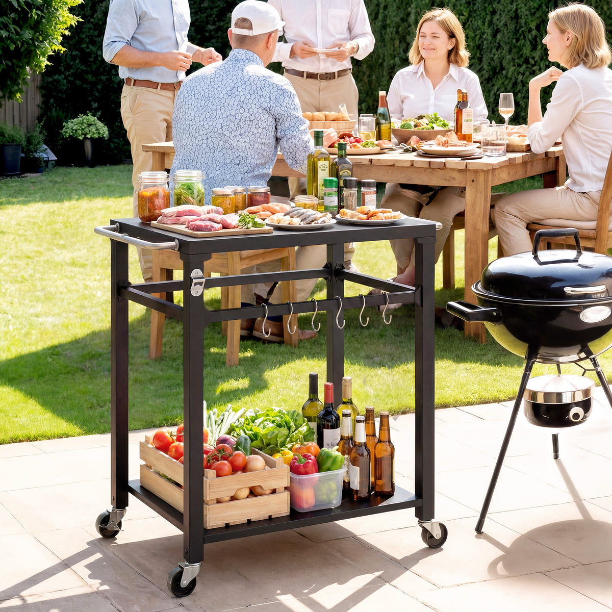Outdoor-Grillwagen, Pizzaofen-Stand mit Metalloberfläche, 2-stufige rollende Küchenstation mit Haken und Griff, Schwarz