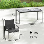 Gartenmöbel Set Sitzgruppe 150 x 80cm Tisch mit 6 Atmungsaktiven Stühlen Holzoptik Stahlrahmen Schwarz