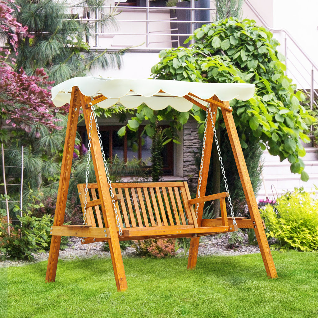 2 Seater Garden Swing Seat with Canopy, Wooden Swing Chair, Outdoor Hammock Bench for Balcony Patio Porch, Cream White