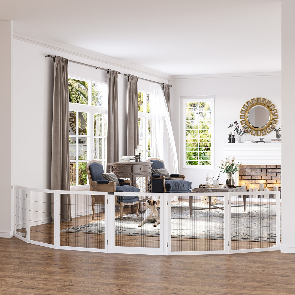 Wooden Pet Gate, Freestanding Dog Security Barrier, w/ 2 Support Feet, White