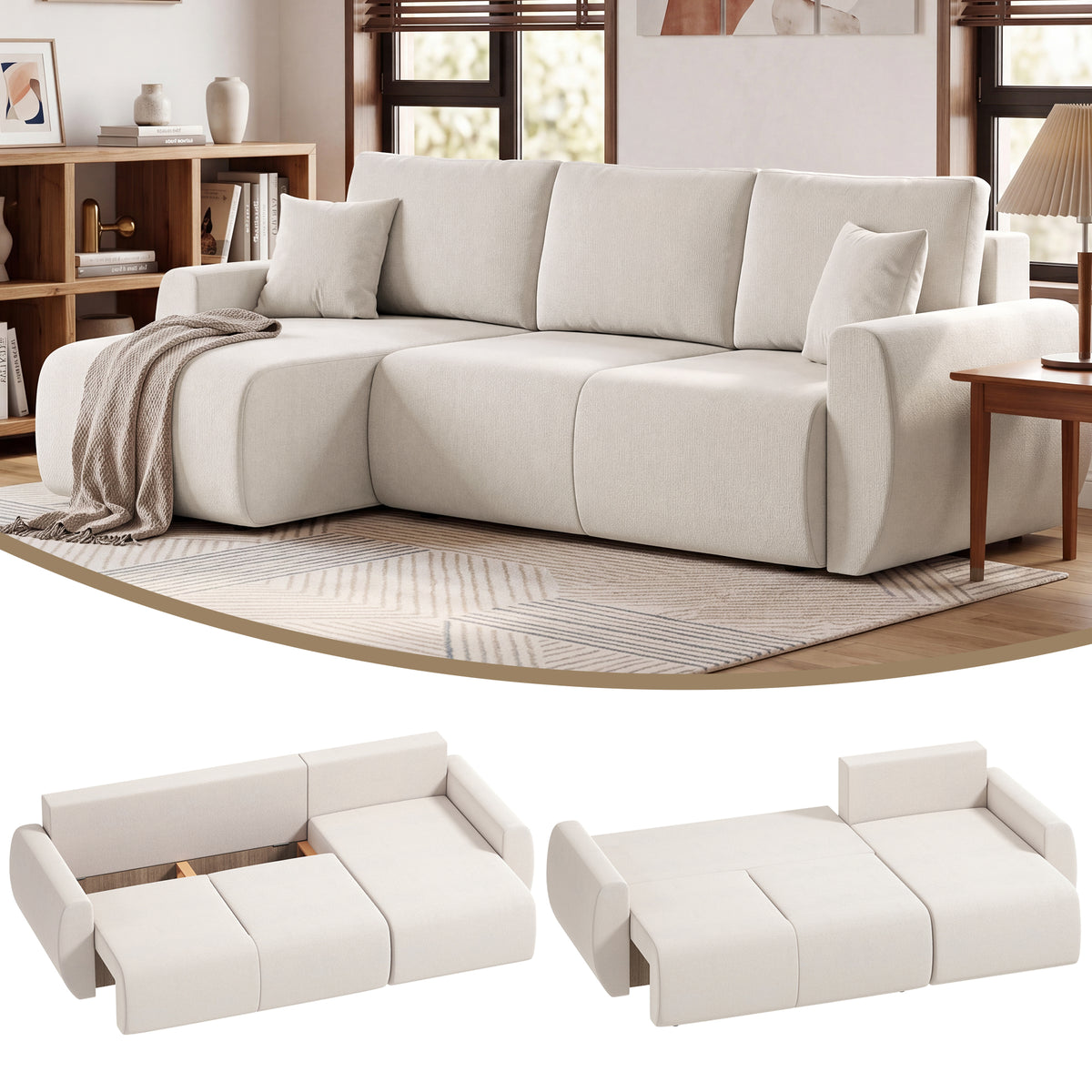 Schlafsofa mit Umkehrbarer Chaiselongue, L-förmiges 3-Sitzer Sofa aus Veloursbezug, Cremeweiß