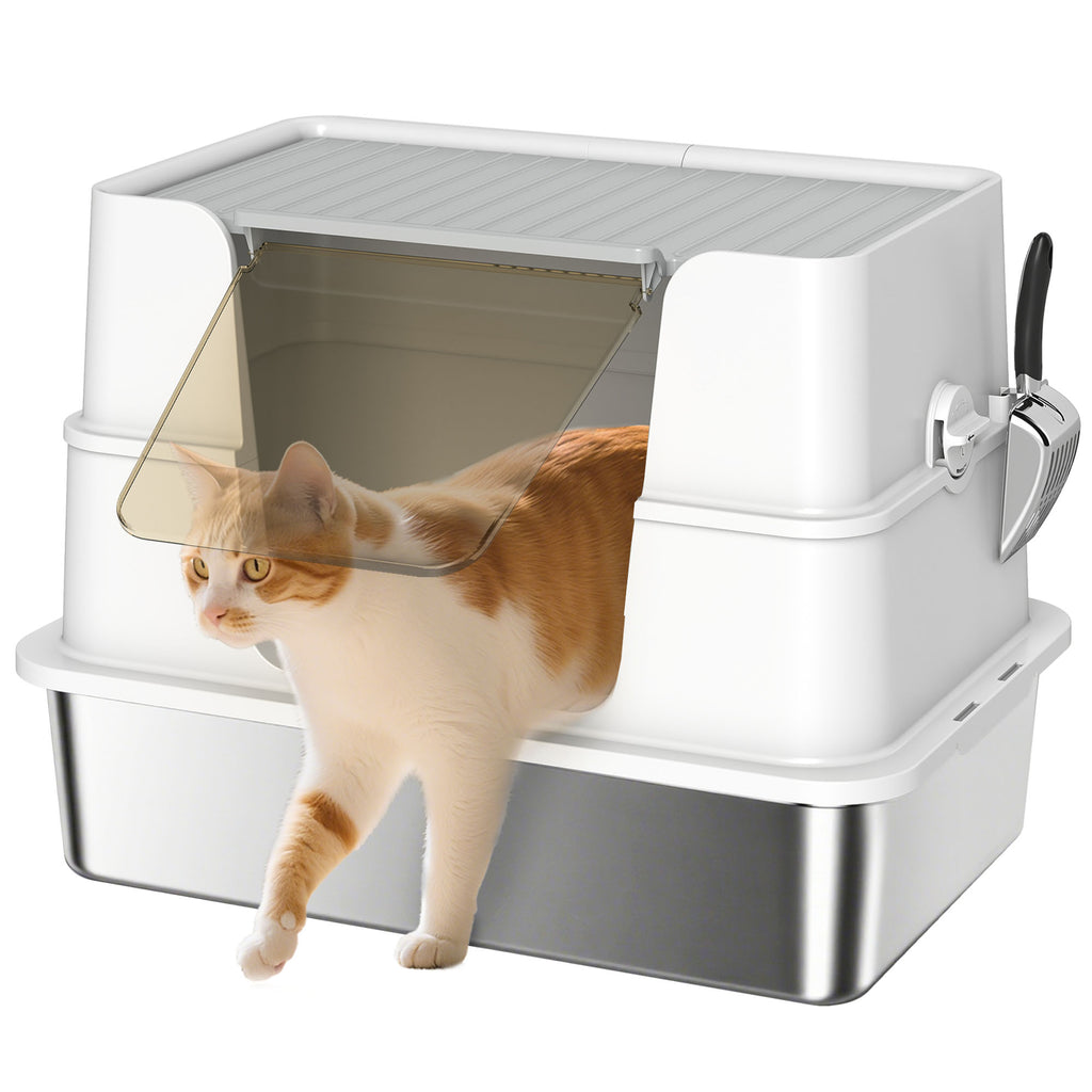 Katzentoilette, Edelstahl, XL-Innenraum, mit Schaufel, Hellgrau