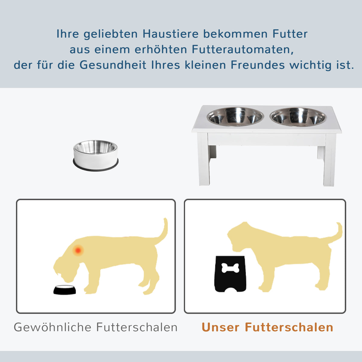 Raised Dog Feeding Bowls with Stand, Stainless Steel for Extra Small and Small Dog, 44L x 24W x 15H cm - White
