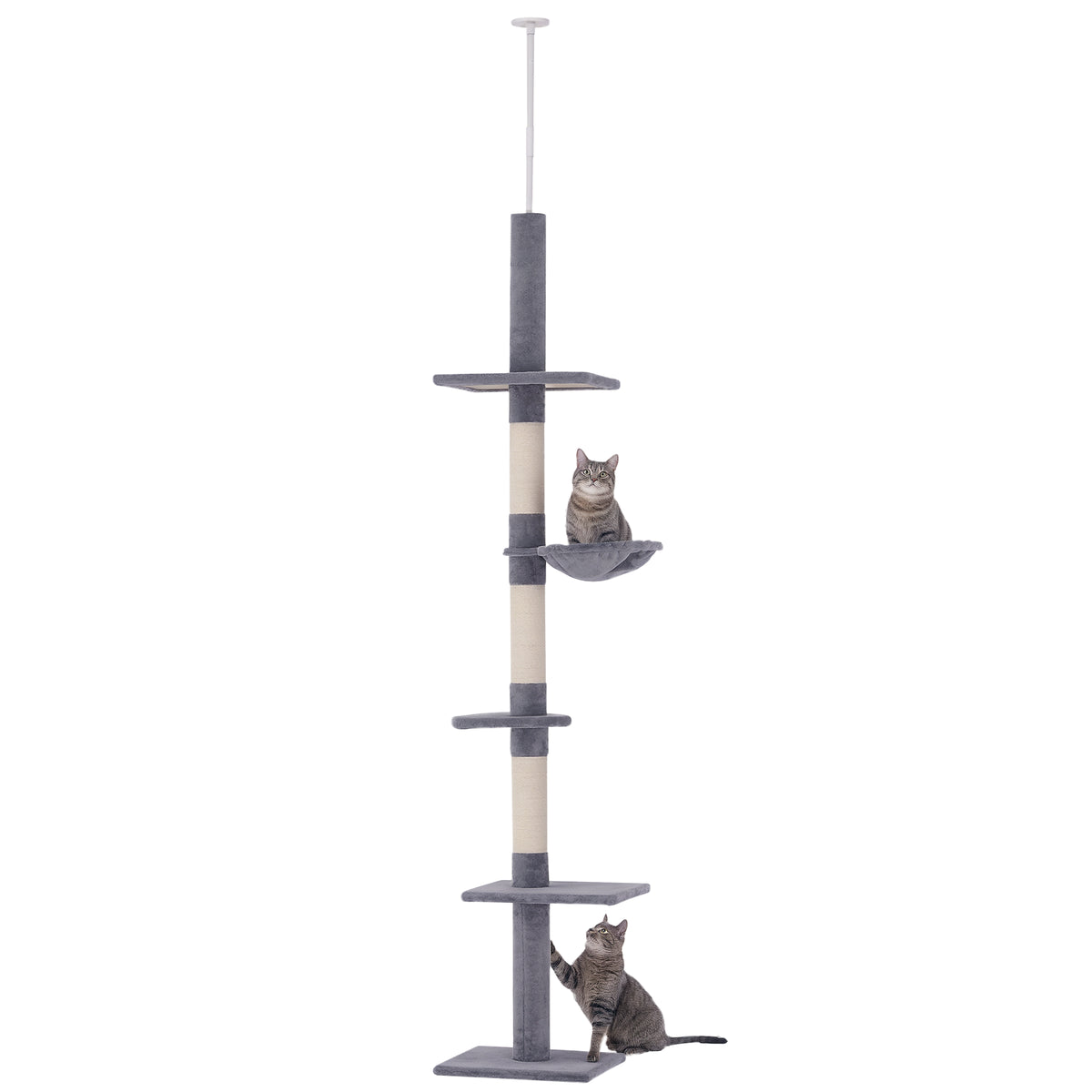Floor to Ceiling Cat Tree 230-260cm Height Adjustable, 5-Tier Cat Tower with Scratching Posts, Hammock, Perches, Climbing Activity Centre for Indoor Kittens Playing and Relaxing, Grey