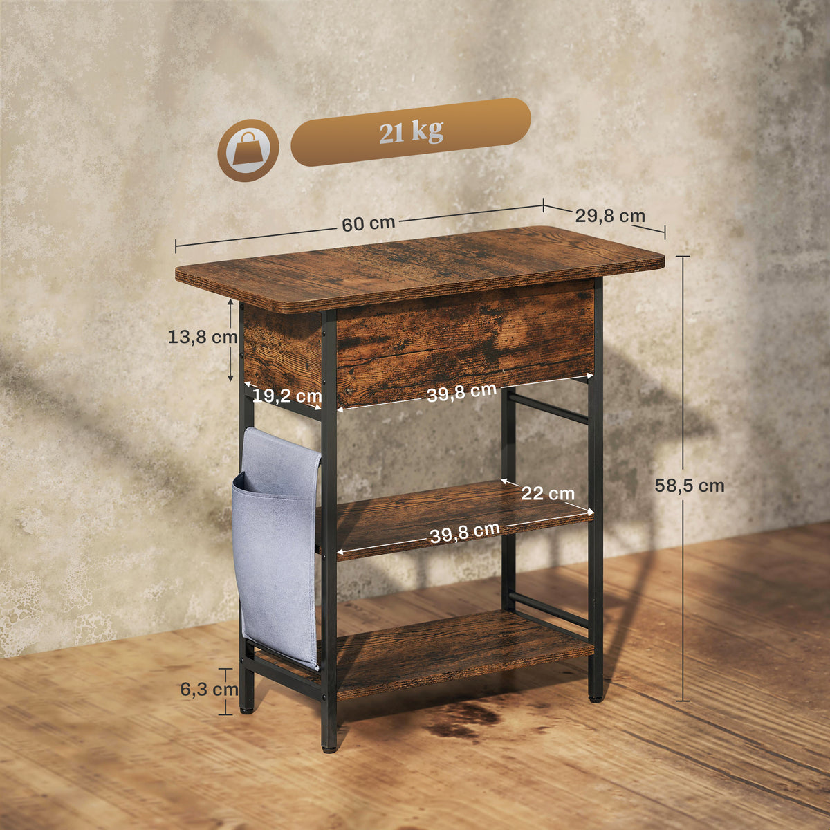 Beistelltisch Nachttisch mit Steckdosenleiste, 2 Ebenen, USB-Anschl¨¹ssen Stauraum 60 x 29,8 x 58,5 cm Rustikal Braun