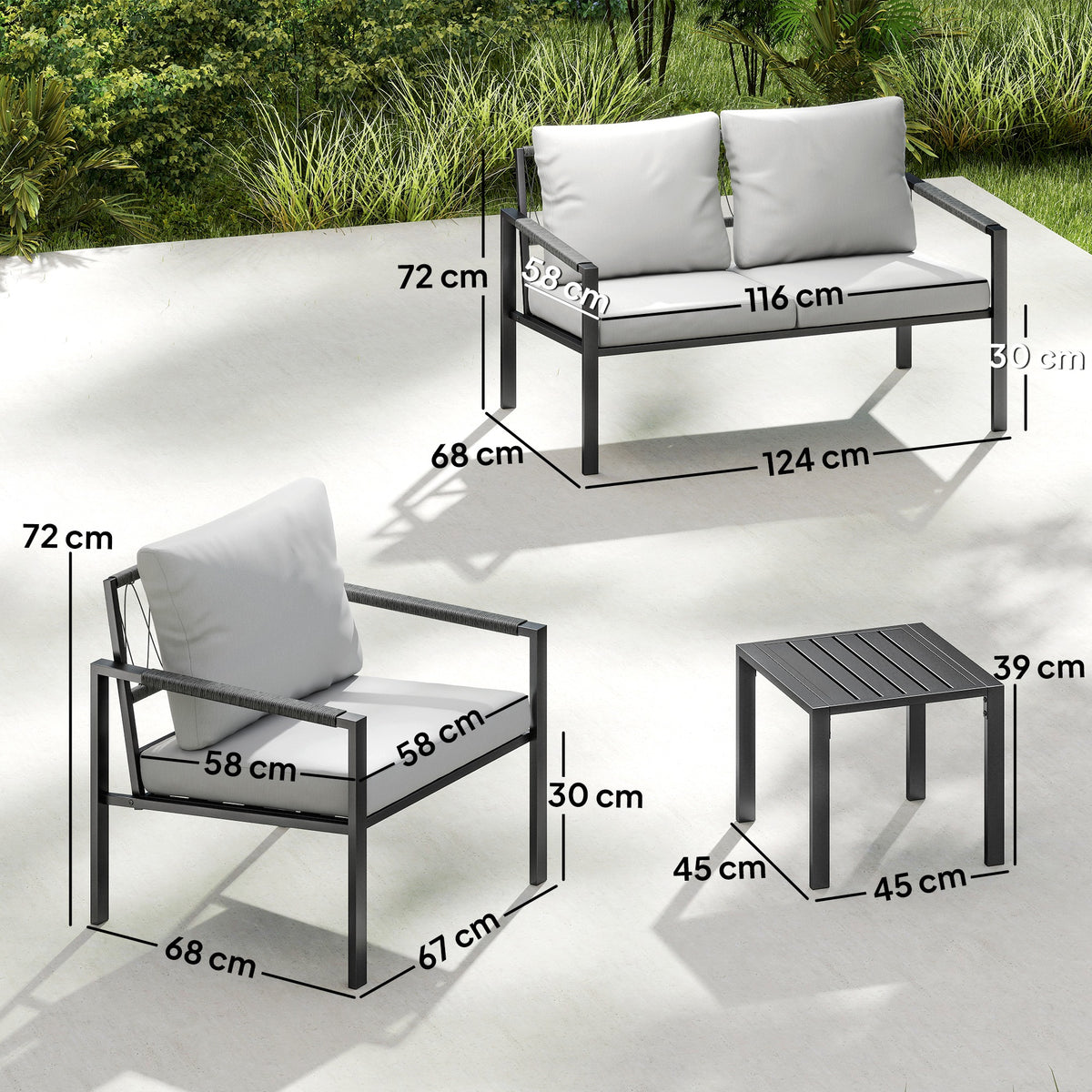 5 Piece Metal Garden Furniture Sofa Set with Thickened Cushions, Loveseat, 2 Armchairs, 2 Coffee Tables, Light Grey