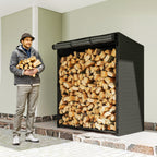 Feuerholzregal, Brennholzständer aus Stahl, Stoffabdeckung, 300 kg Belastbarkeit, 140 x 70 x 154 cm, Schwarz