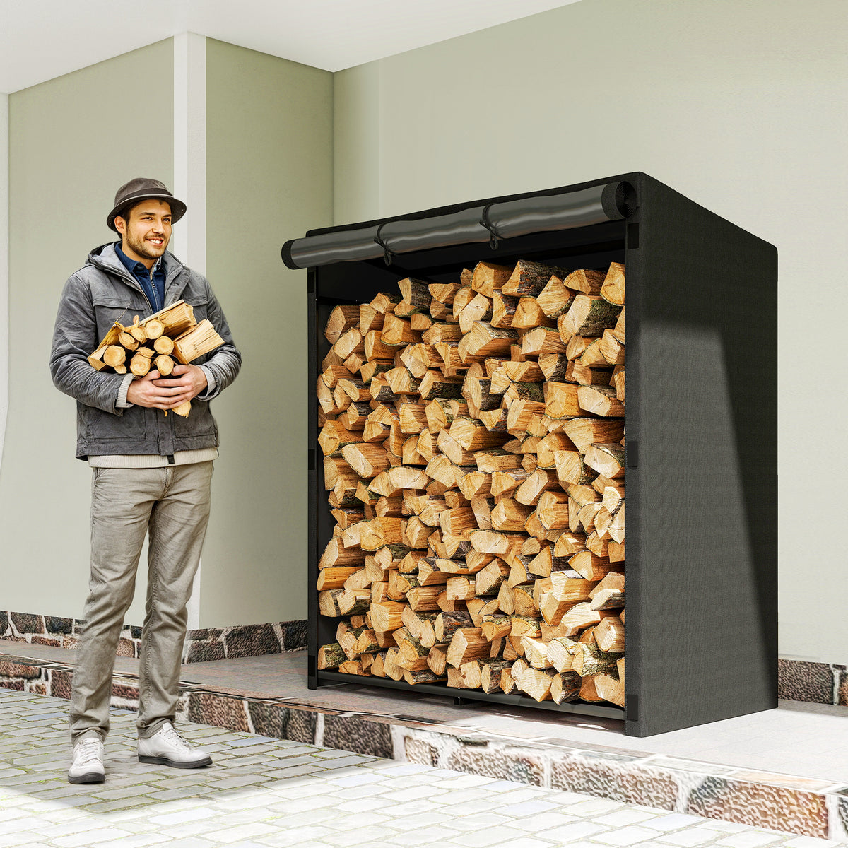 Feuerholzregal, Brennholzständer aus Stahl, Stoffabdeckung, 300 kg Belastbarkeit, 140 x 70 x 154 cm, Schwarz