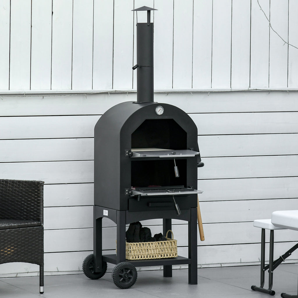 2-In-1 Pizzaofen Outdoor mit Rollen Grillofen mit Schutzhülle Pizzaschaufel 2 Grillnetzen Grillwagen mit Schornstein 3-Tier Holzbackofen für BBQ Stahl Schwarz+Silber 63 x 54 x 161 cm