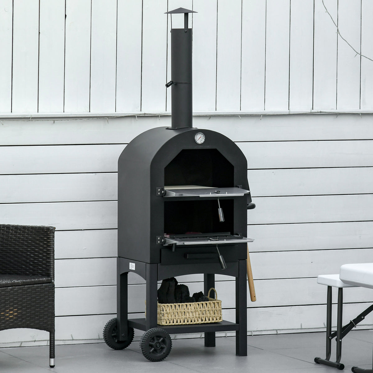 2-In-1 Pizzaofen Outdoor mit Rollen Grillofen mit Schutzhülle Pizzaschaufel 2 Grillnetzen Grillwagen mit Schornstein 3-Tier Holzbackofen für BBQ Stahl Schwarz+Silber 63 x 54 x 161 cm