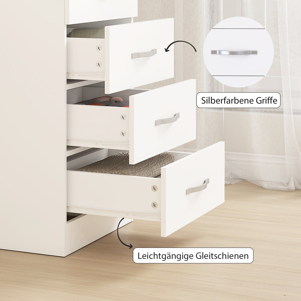 Kommode mit 5 Schubladen, Schubladenschrank für Kleidung und Utensilien, Spanplatte, Weiß
