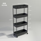 K¨¹chenwagen mit 4 Regalen, 4 flexiblen Haken, 4 Rollen, 40 cm x 19 cm x 90 cm, Nischenwagen, Schwarz