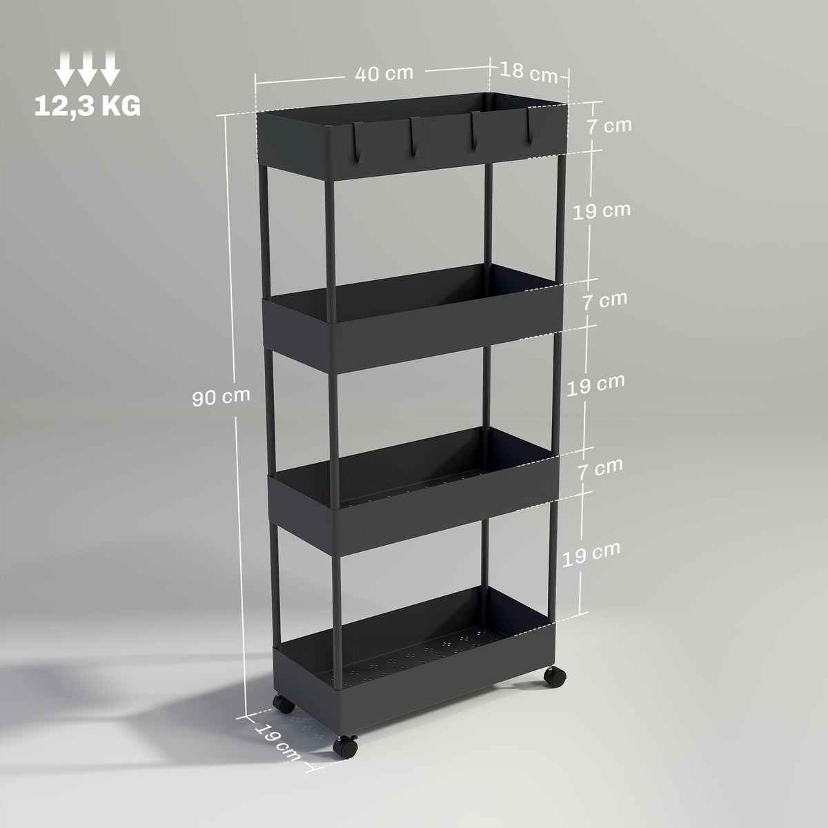K¨¹chenwagen mit 4 Regalen, 4 flexiblen Haken, 4 Rollen, 40 cm x 19 cm x 90 cm, Nischenwagen, Schwarz