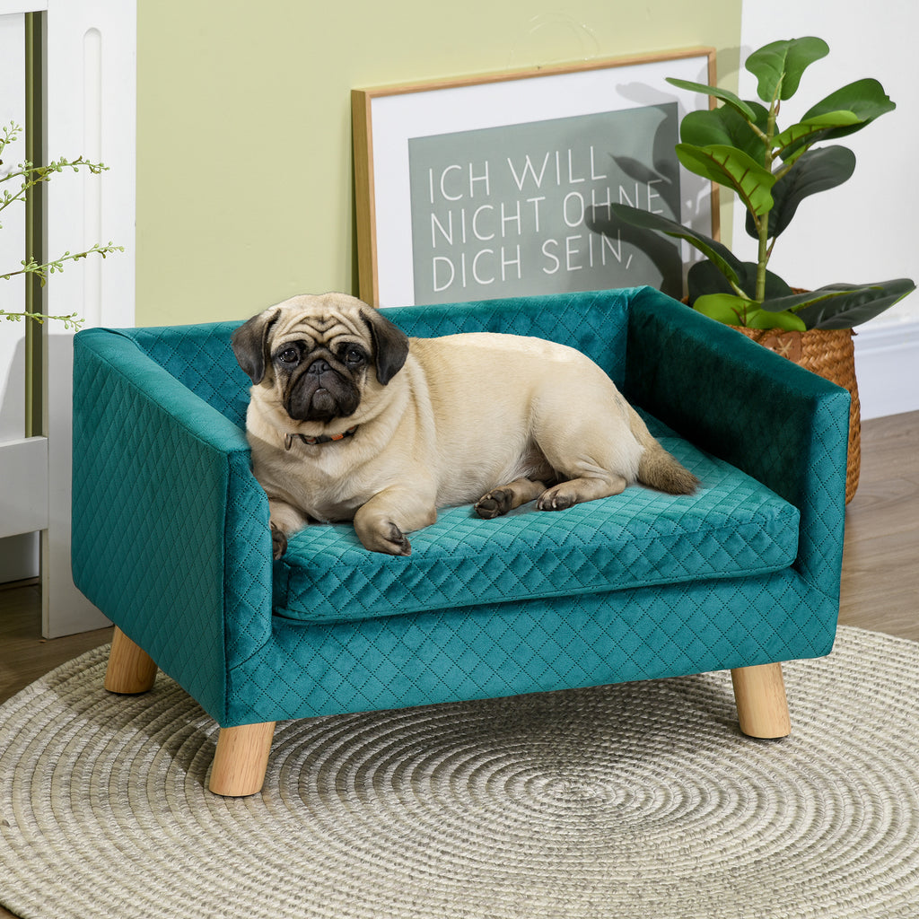 Hundesofa Hundebett Hundecouch aus Samt mit Rückenlehne, Holzbeine, Kissen, bis zu 8 kg 64 x 45 x 36 cm Blau