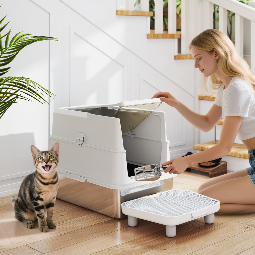 Katzentoilette, Edelstahl, XL-Innenraum, mit Schaufel, Hellgrau