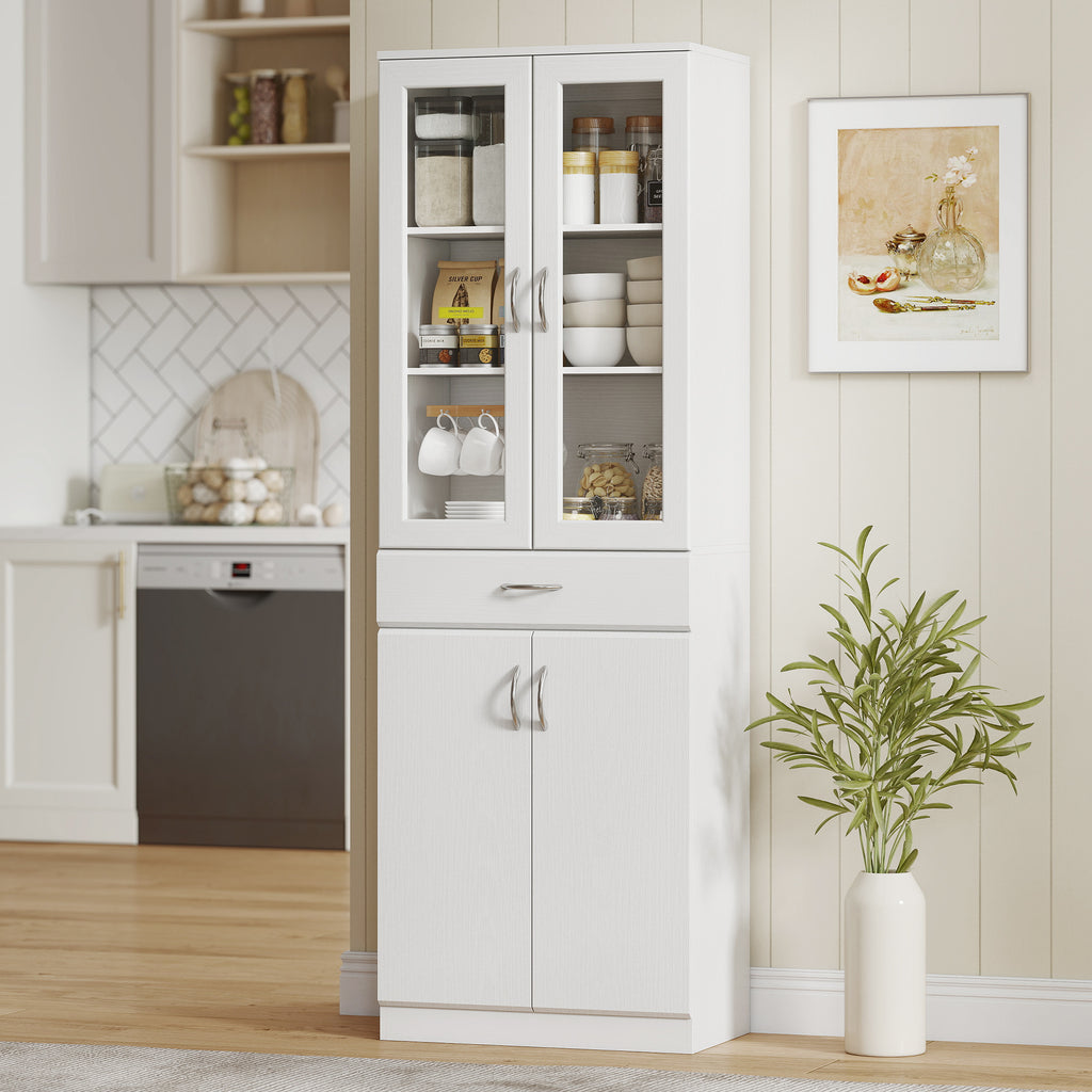 K¨¹chenschrank Buffetschrank mit verstellbar Regal Schublade 2 Schrank Hochschrank mit Glast¨¹r 60 x 35 x 180 cm Wei?