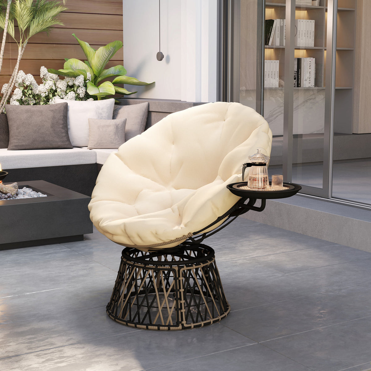 Papasansessel Rattan 360° drehbar Korbsessel mit Kissen Durchmesser 90 cm runder Beige