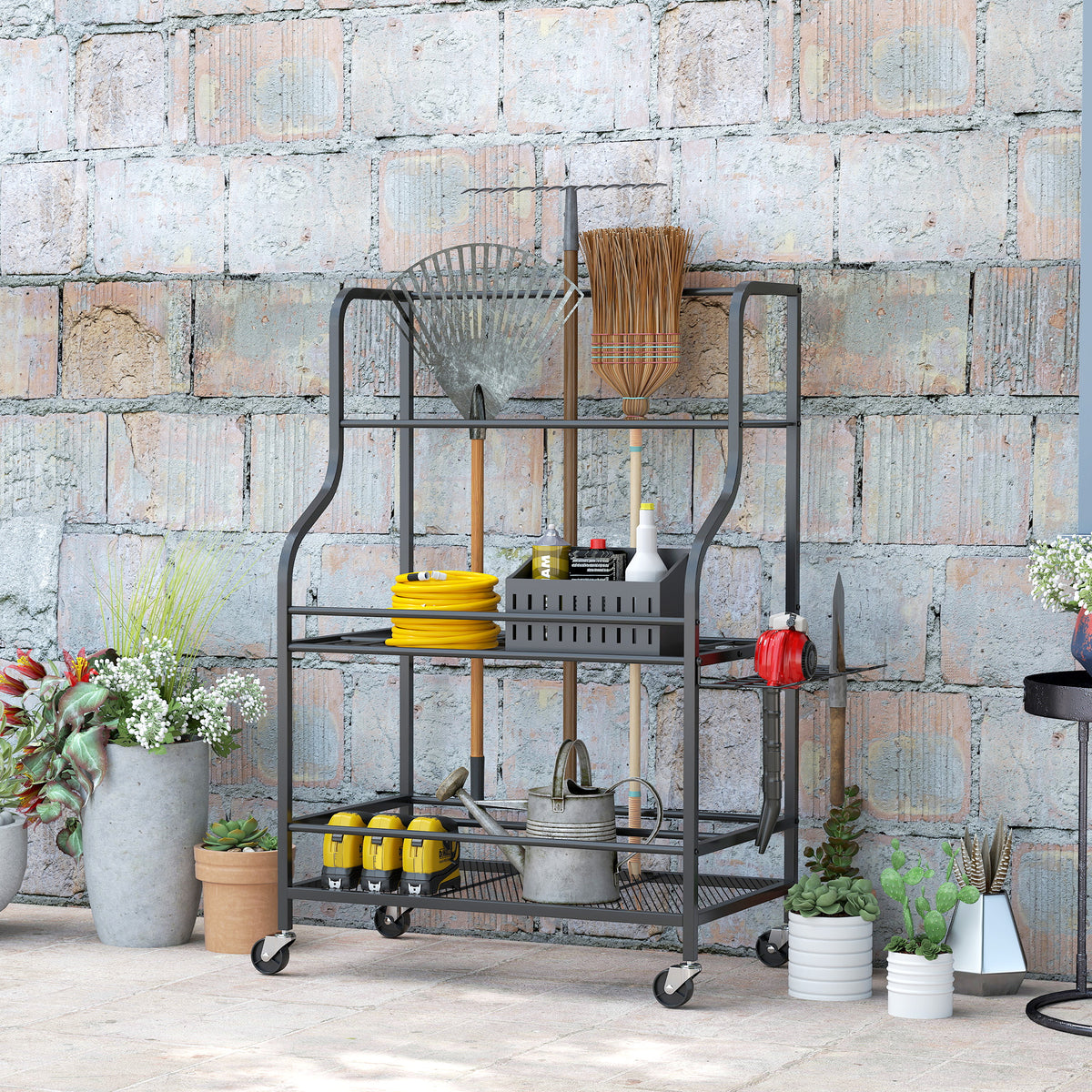 Gartenwerkzeug-Organizer 3-stufig Gartenger?te St?nder mit Haken bis 40 kg belast 77x40x97cm Schwarz