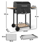 Holzkohlegrill, höhenverstellbare Kohlenpfanne, Grillwagen, Regale, Thermometer, Flaschenöffner, Stahl, Holz, Schwarz