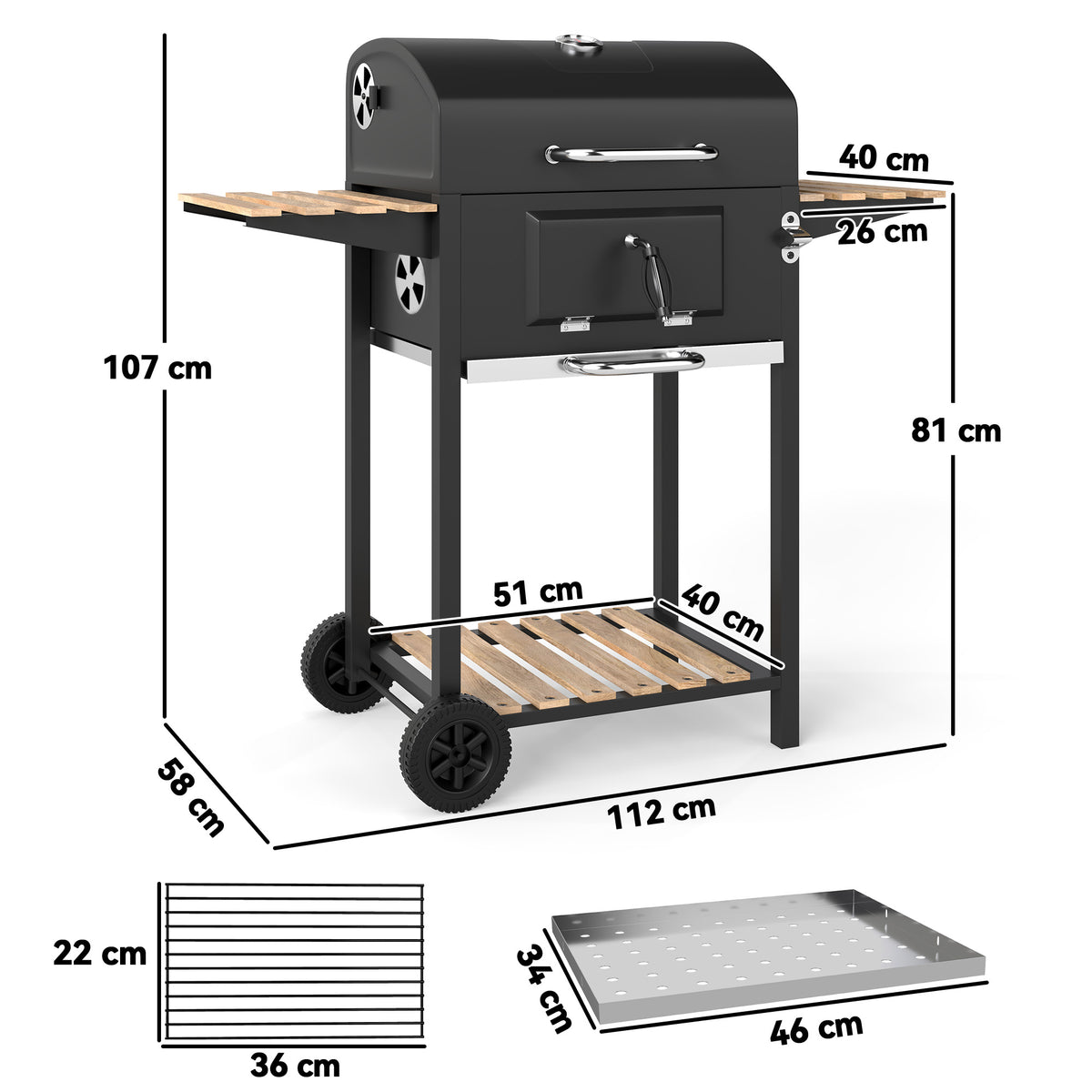 Holzkohlegrill, höhenverstellbare Kohlenpfanne, Grillwagen, Regale, Thermometer, Flaschenöffner, Stahl, Holz, Schwarz