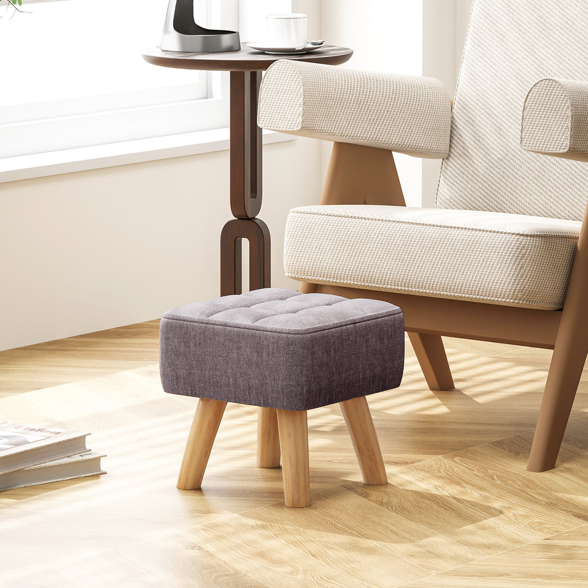 Fu?hocker mit Polsterung, Leinenoptik, Holzbeine, bis 110 kg belastbar, Grau
