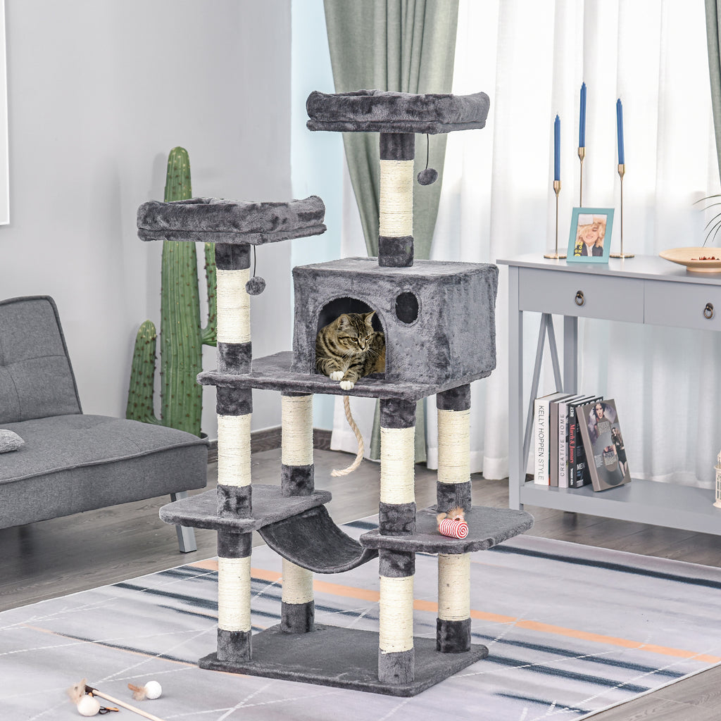  Katzenbaum Luxus mit Hängematte Katzenhaus Kletterbaum mit Hängematte und Katzenhaus Katzenspielturm Dunkelgrau 60 x 48 x 144 cm